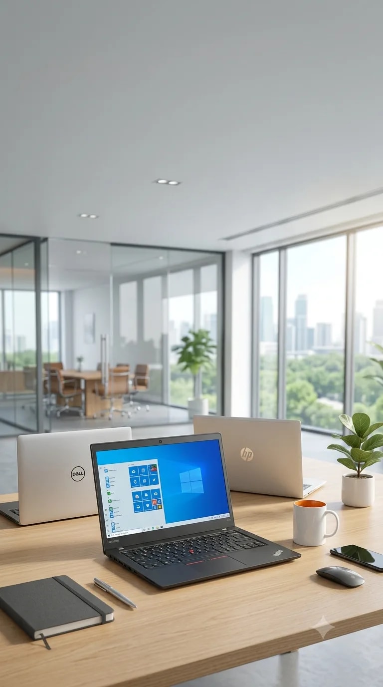 Professionally refurbished Lenovo ThinkPad, Dell Latitude and HP EliteBook business laptops arranged in a modern office workspace, quality tested and ready for business use in Singapore.