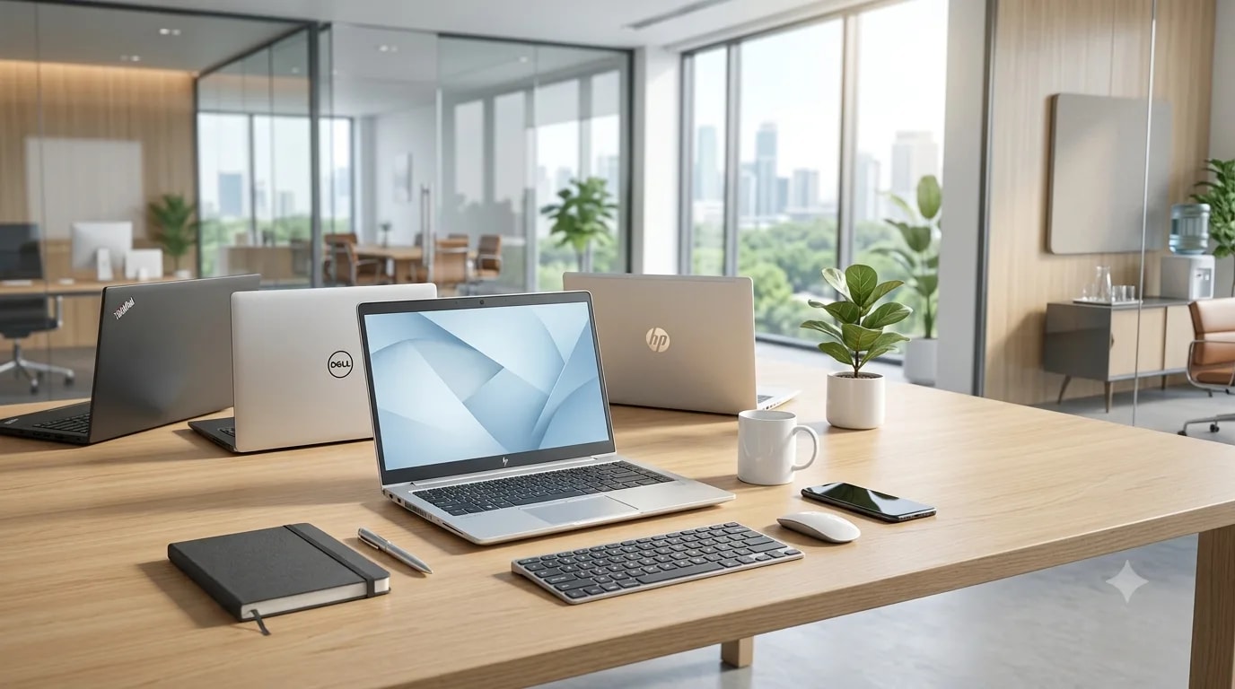 Professionally refurbished Lenovo ThinkPad, Dell Latitude and HP EliteBook business laptops arranged in a modern office workspace, quality tested and ready for business use in Singapore.