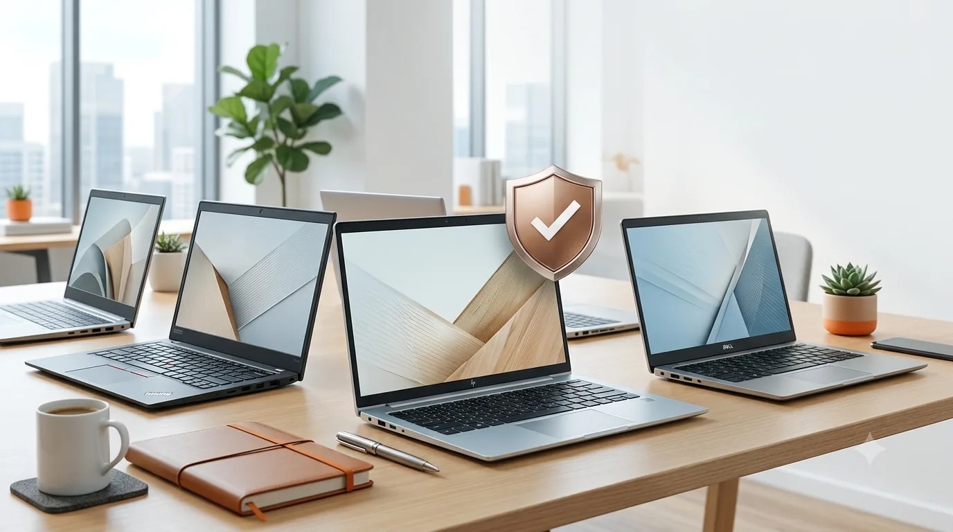 Professionally refurbished Lenovo ThinkPad, Dell Latitude and HP EliteBook business laptops on a modern office desk, backed by warranty and available for sale in Singapore.